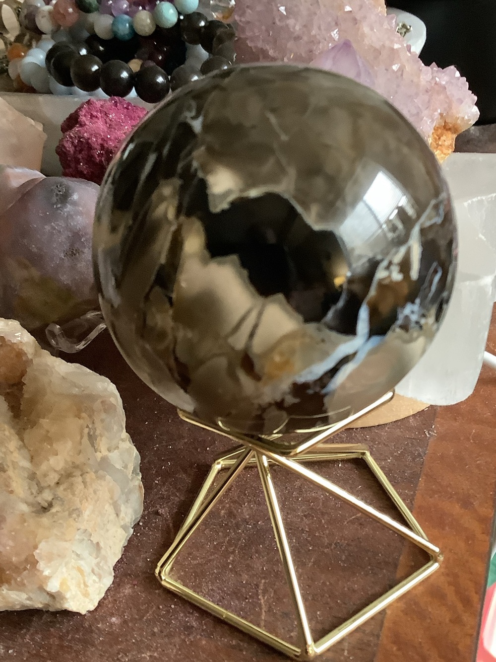 Polished Volcano Agate Sphere on Gold Stand
